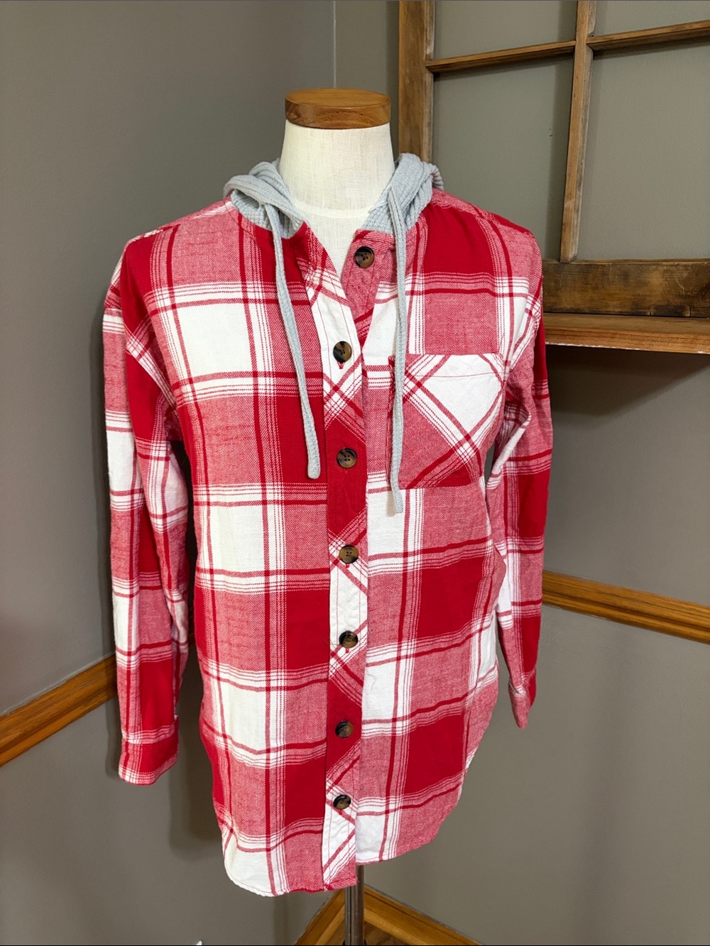 Maurices Red Plaid oversized Hooded Button-up Shirt size XS